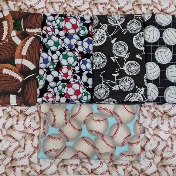 Fat Quart Bundle Sports Themes Pack of 5 Plus Baseball Theme Cotton 1 Yard - Picture 1 of 7